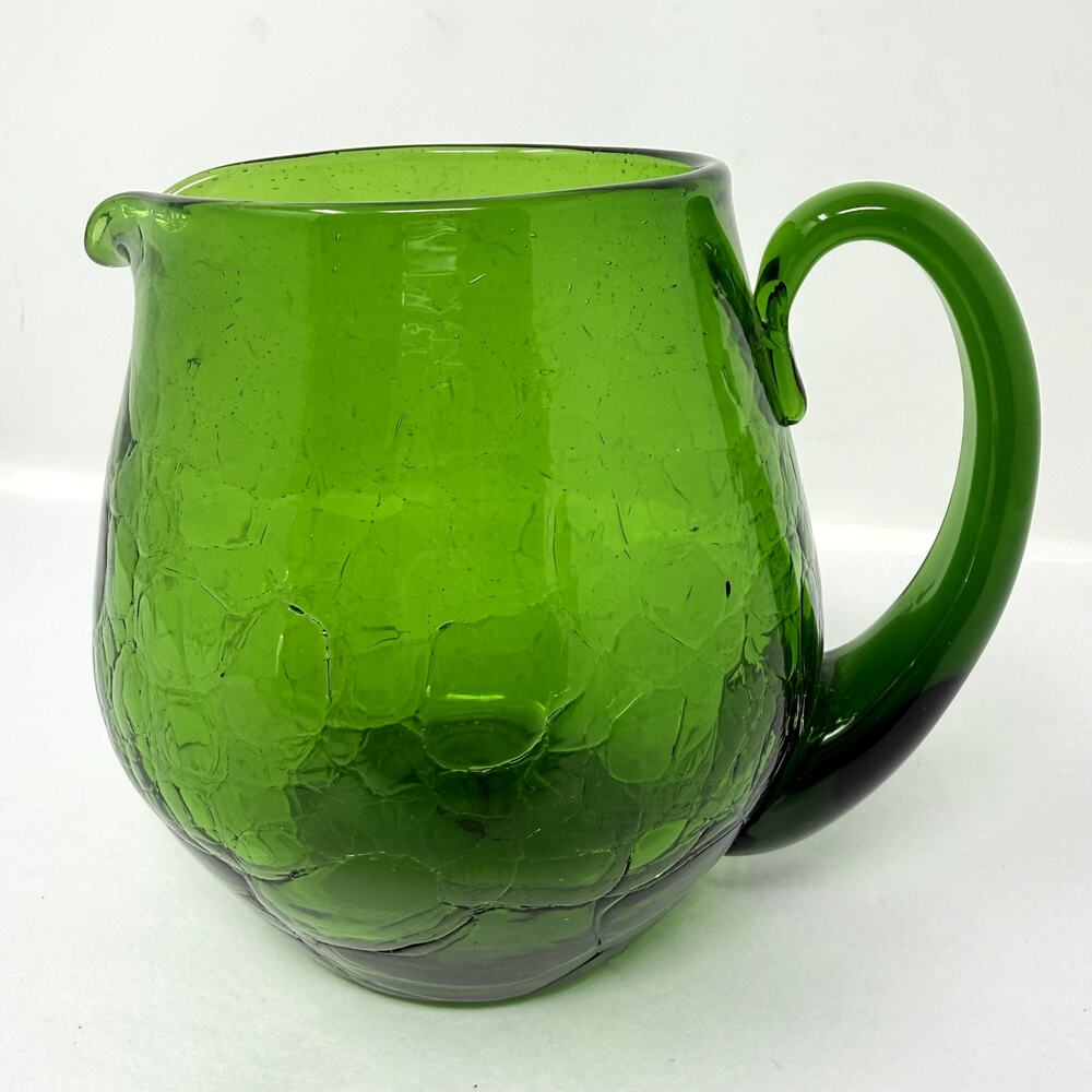 Vintage Green Crackle Glass Creamer Pitcher Hand Blown Art Glass